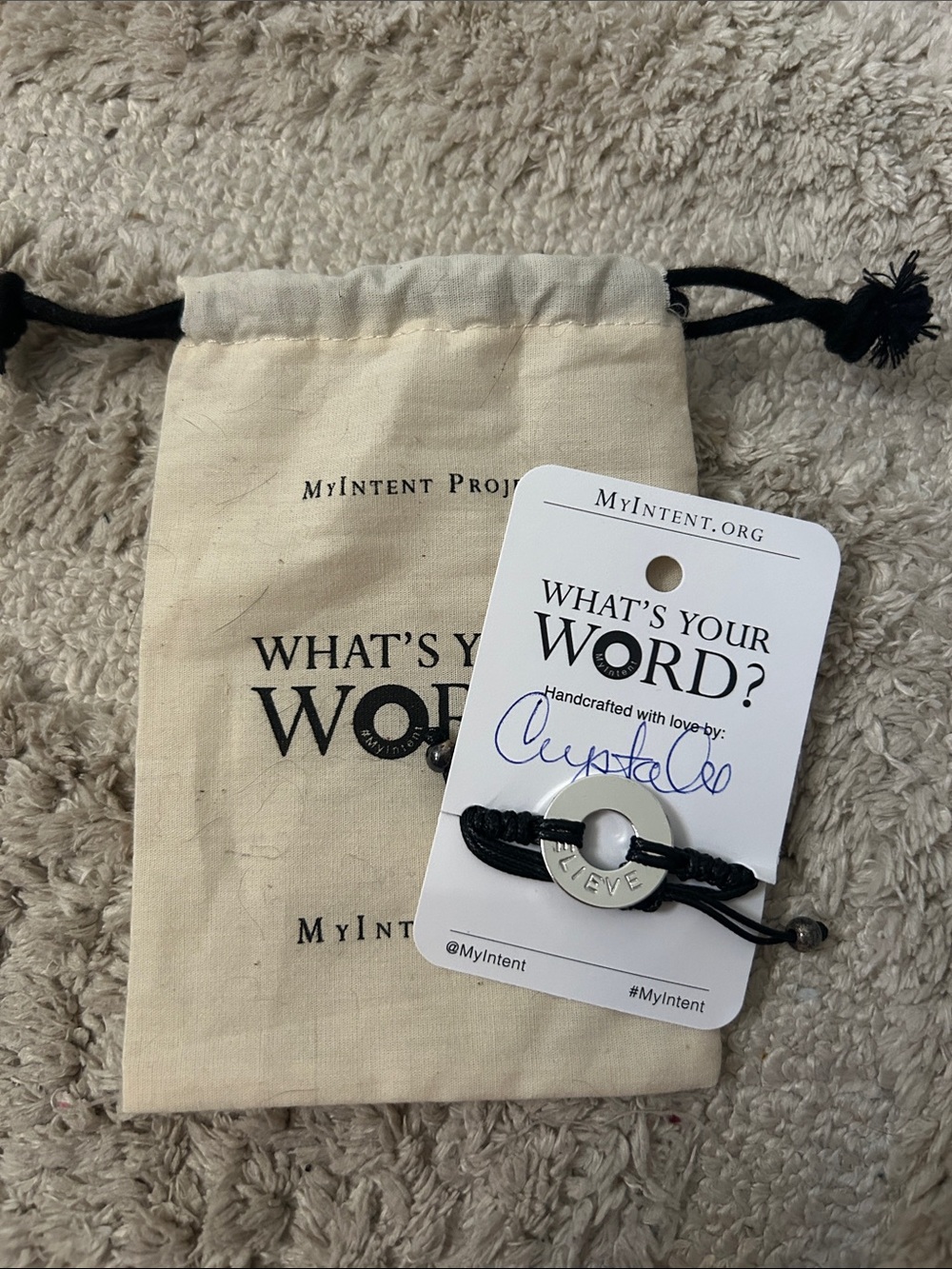 What's Your Word? 'Believe' Bracelet with Canvas Drawstring Pouch - Black